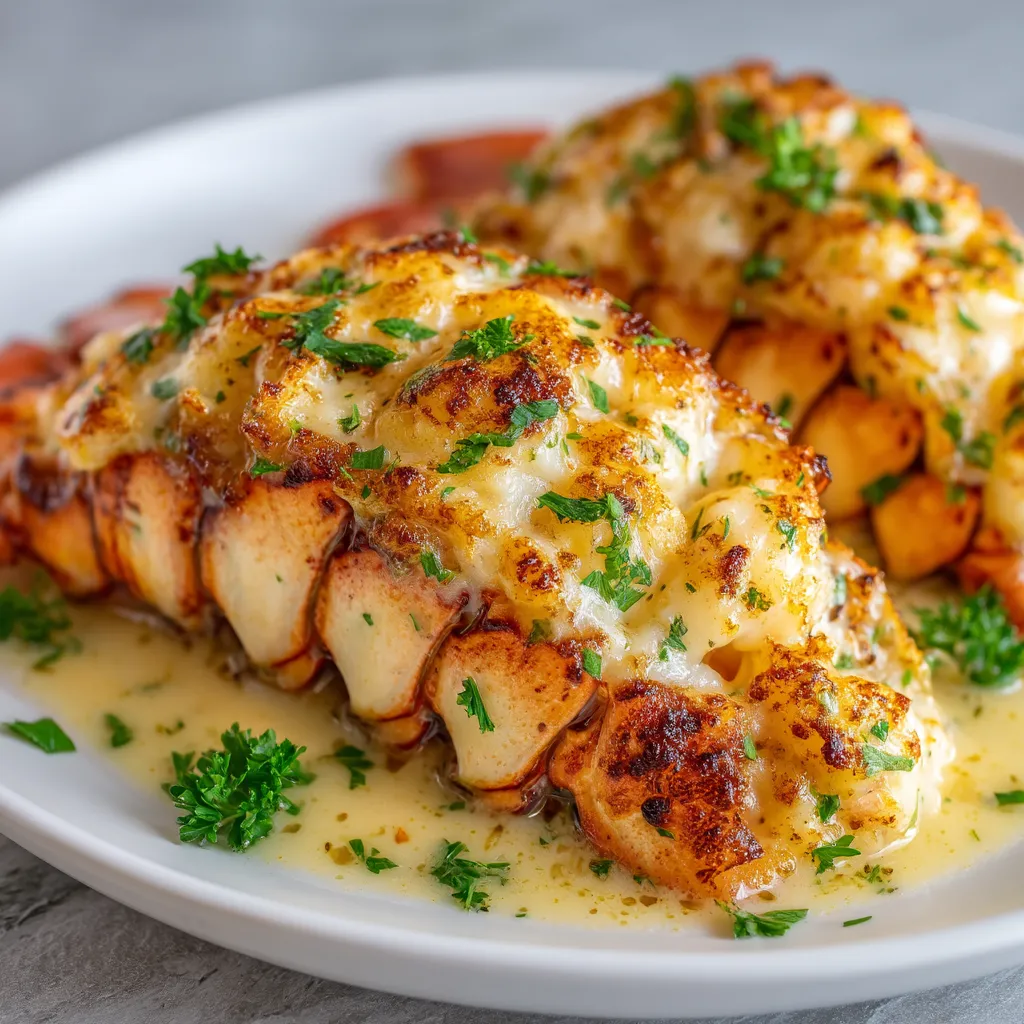 Ein weißer Teller mit einem Hummer, der in Cremige Knoblauch-Butter-Hummer-Schwänze getaucht ist.
