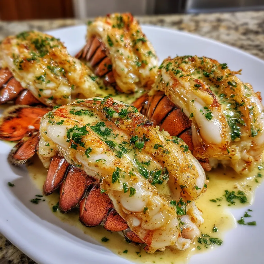 Eine Platte mit Hummer-Schwänzen, die mit Knoblauch-Butter und Cremige Hummer-Butter-Hummer-Schwänze garniert sind.
