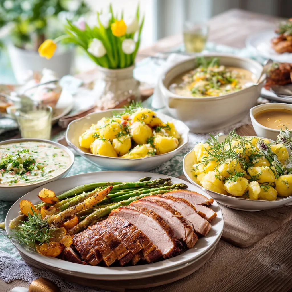 Eine Tischausstattung mit festtagsgerichten, darunter eine Vielzahl von Gerichten wie Suppen, Kartoffeln, Asparagus, Kichererbsen, Salat, Gemüse, Käse, Wurst, Meatballs, Kartoffelkichererbsen und Kartoffeln.