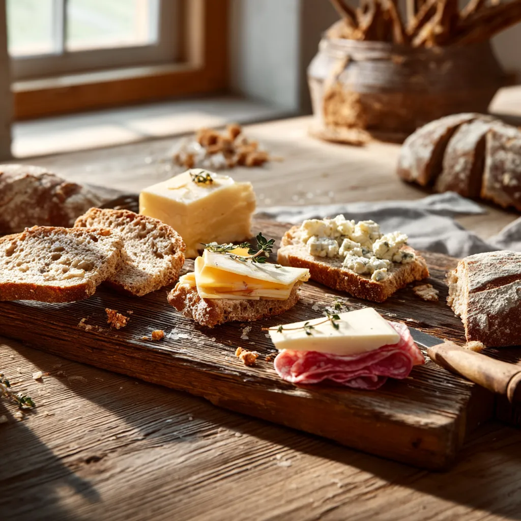 Ein Brett mit verschiedenen Brotzeit und Snacks darauf.