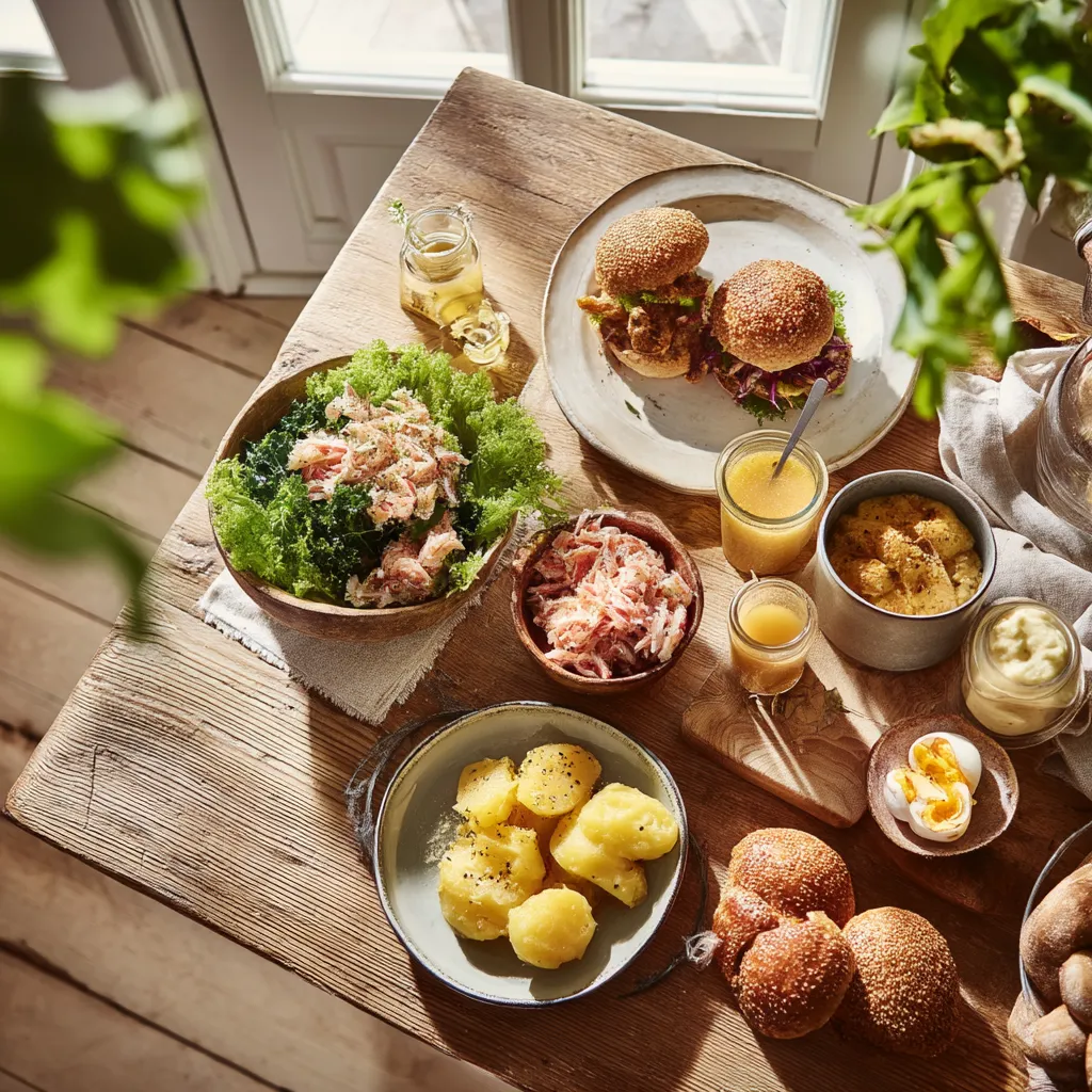 Eine norddeutsche Kuche mit verschiedenen Gerichten wie Sandwiches, Salat, Eiern und Kartoffeln.