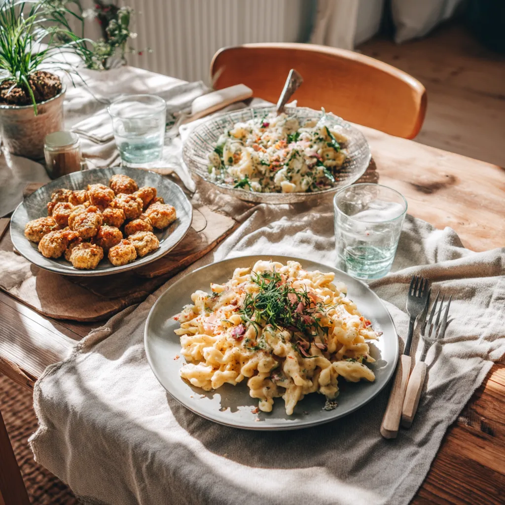 Eine Tischkleinigkeit mit vegetarischem deutschem Essen auf einem Tisch.