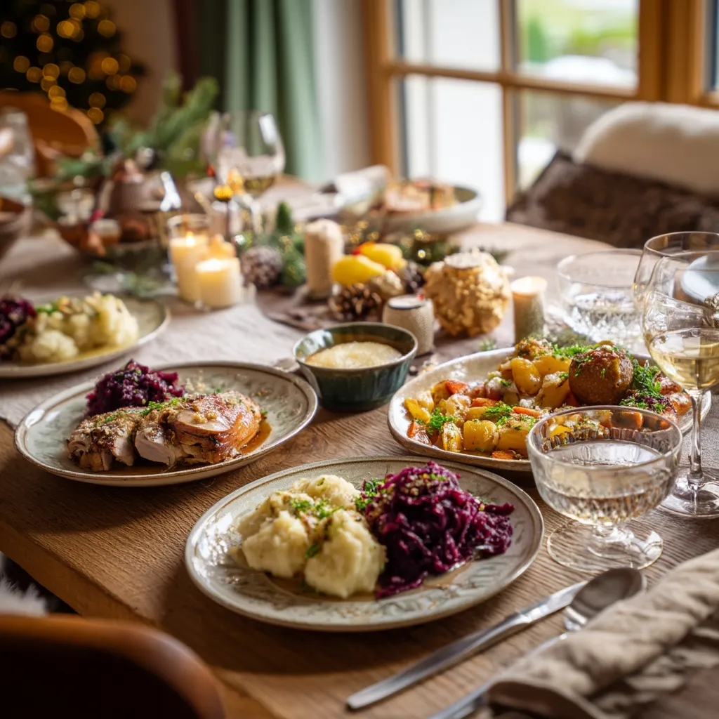 Eine Tischdecke mit verschiedenen Weihnachtsrezepten, darunter eine Platte mit Kartoffeln und eine mit Käse. Es gibt auch eine Platte mit Kuchen und eine mit Kartoffeln. Ein Glas Wein ist auf der Tischdecke ebenfalls vorhanden.