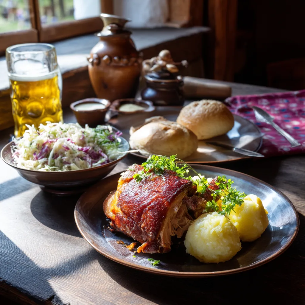 Ein Tisch mit verschiedenen Gerichten, darunter eine Wurst, eine Kartoffel und eine Salat. Ein Glas Bier und eine Schüssel mit Sauerkraut sind ebenfalls vorhanden.