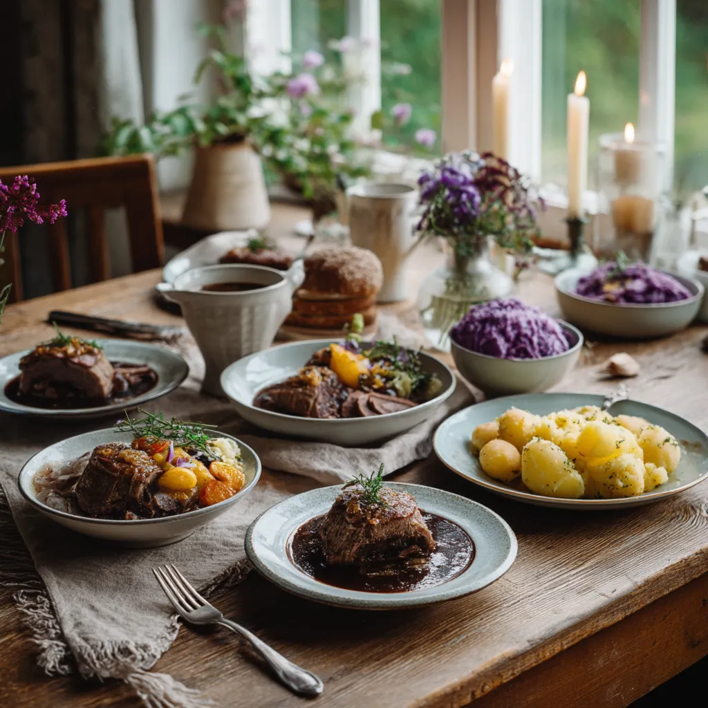 Eine klassische deutsche Küche mit einem großen Tisch, auf dem verschiedene Gerichte wie Fleisch, Kartoffeln und Käse serviert werden. Es gibt auch eine Vielzahl von Kaffeekannen und Tassen.