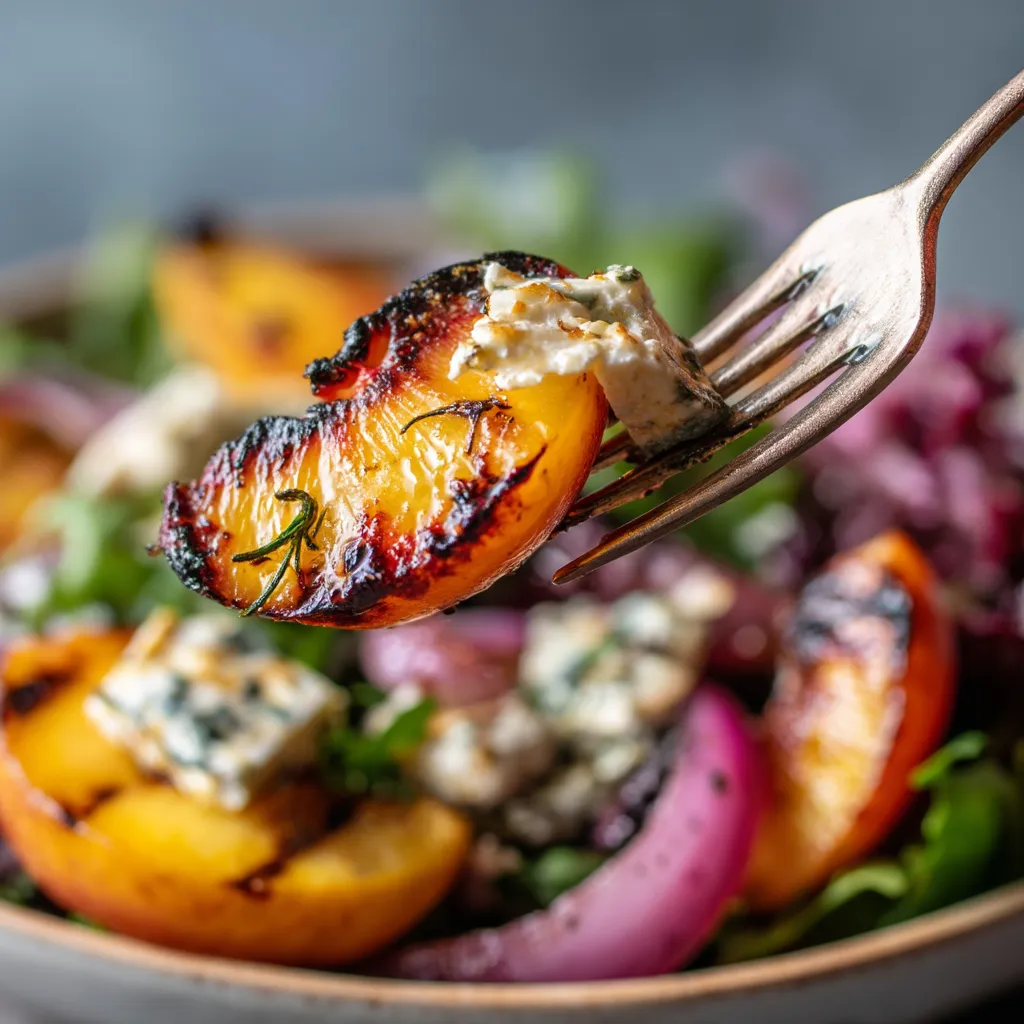 Salat mit gegrillten Pfirsichen und Ziegenkäse – ein Gabelstück.