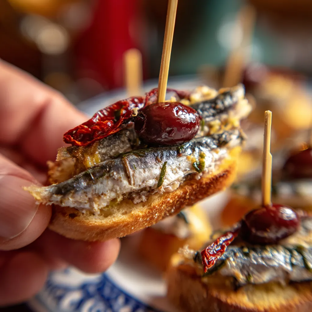 Boquerones Happen auf Brot mit Paprika und Olive.
