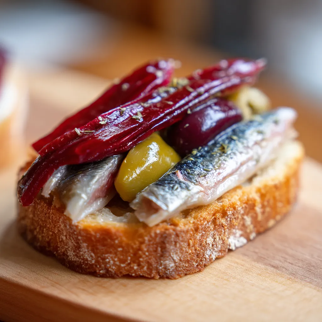 Ein Pintxo mit mariniertem Thunfisch, Olivenöl und Paprika.