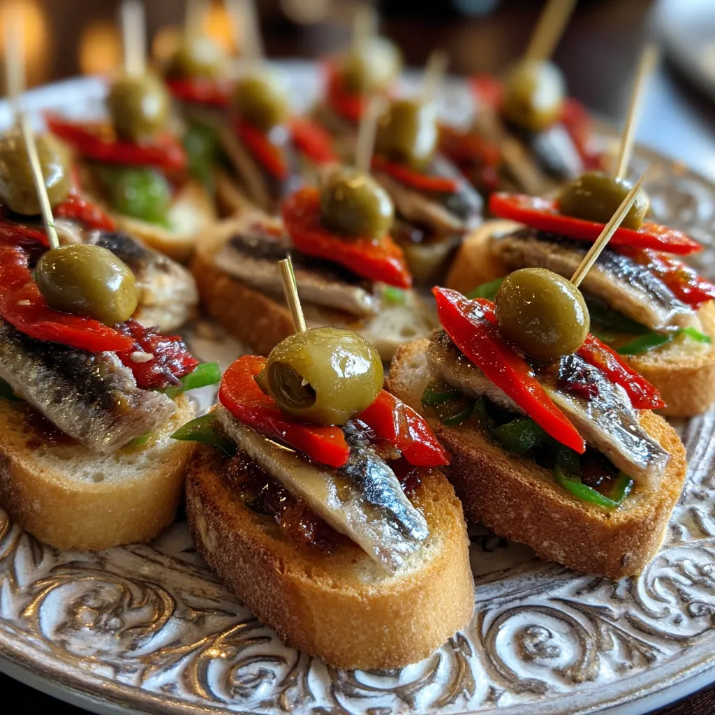 Teller mit marinierten Anchoas auf Toast.