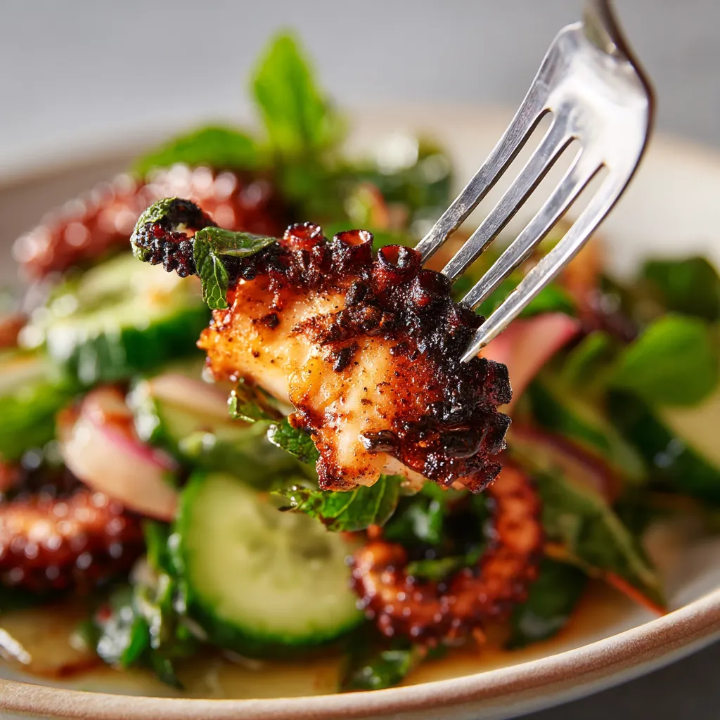 Salat mit gegrilltem Oktopus und Zitronenöl.