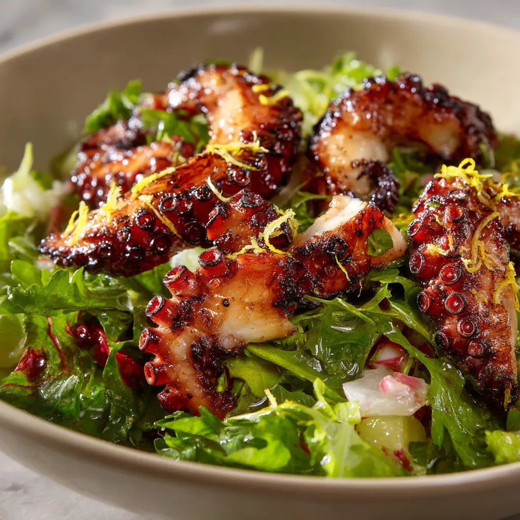 Gegrillter Oktopus Salat mit Zitronenöl.