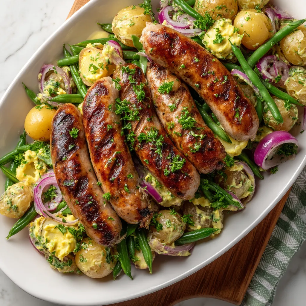 Ein großes, leckeres Grilled Bratwurst mit Mustard Potato Salad auf einem Teller.