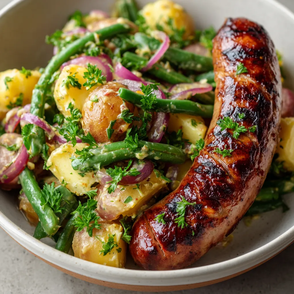 Ein Grilled Bratwurst mit Mustard Potato Salad auf einem Teller.