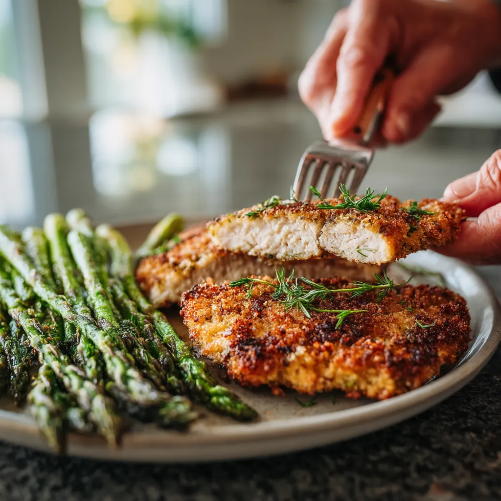 Ein Schnitzel aus Pork wird auf einem Teller mit Asparagus serviert.