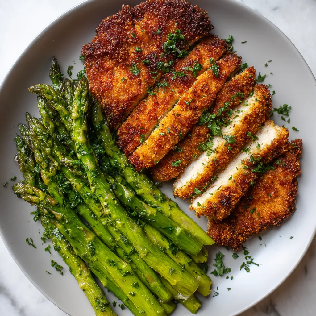 Ein Plate mit Pork Schnitzel und Asparagus.