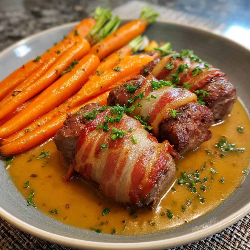 Ein Plate mit Beef Rouladen und Baby Carrots.