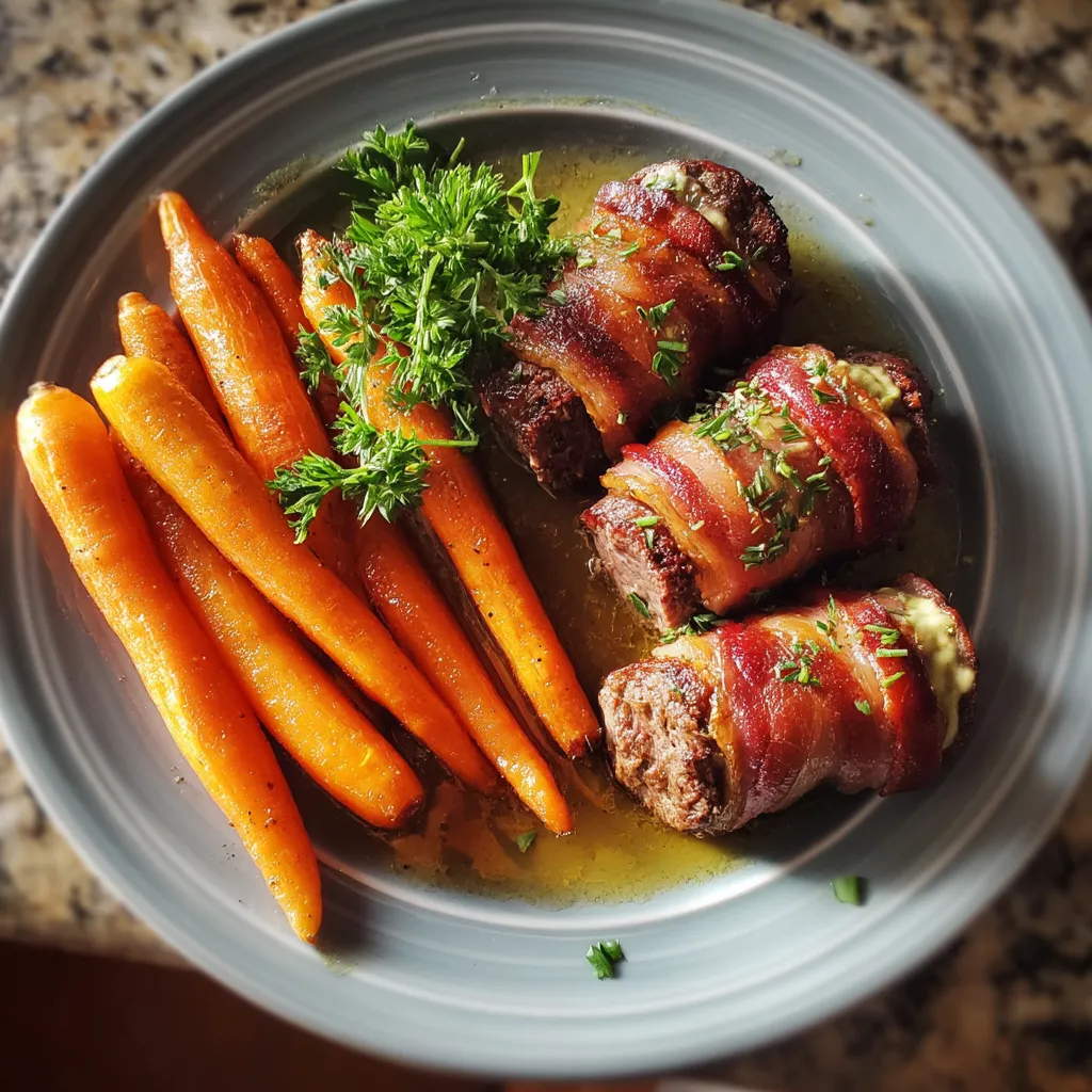Ein Plate mit Beef Rouladen und Baby Carrots.