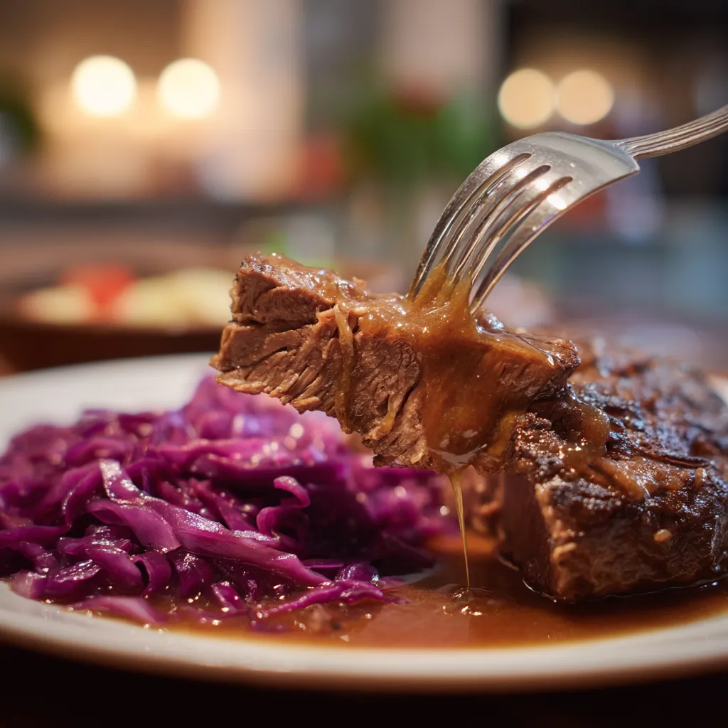 Ein Stück Fleisch wird von einem Messer auf eine Platte gelegt.