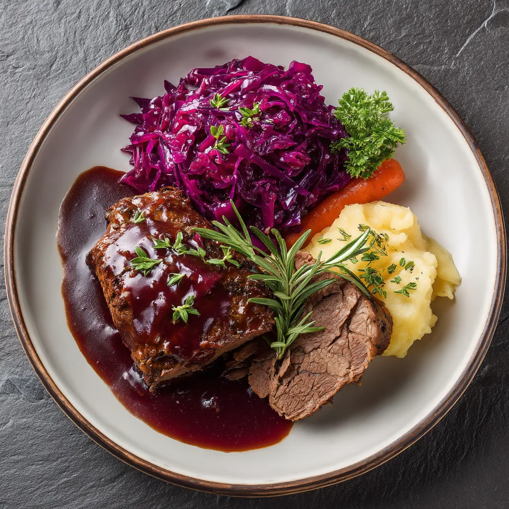 Ein Plate mit Sauerbraten, Kartoffeln, Sauerkraut und Zwiebeln.