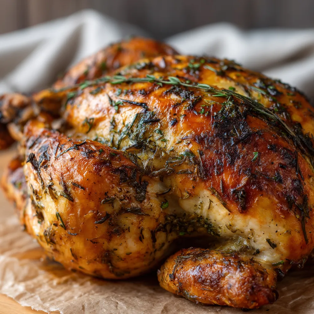 Ein ganzes, gegrilltes, gegrüntes, mit Tarragon gewürztes Hähnchen auf einem Teller.