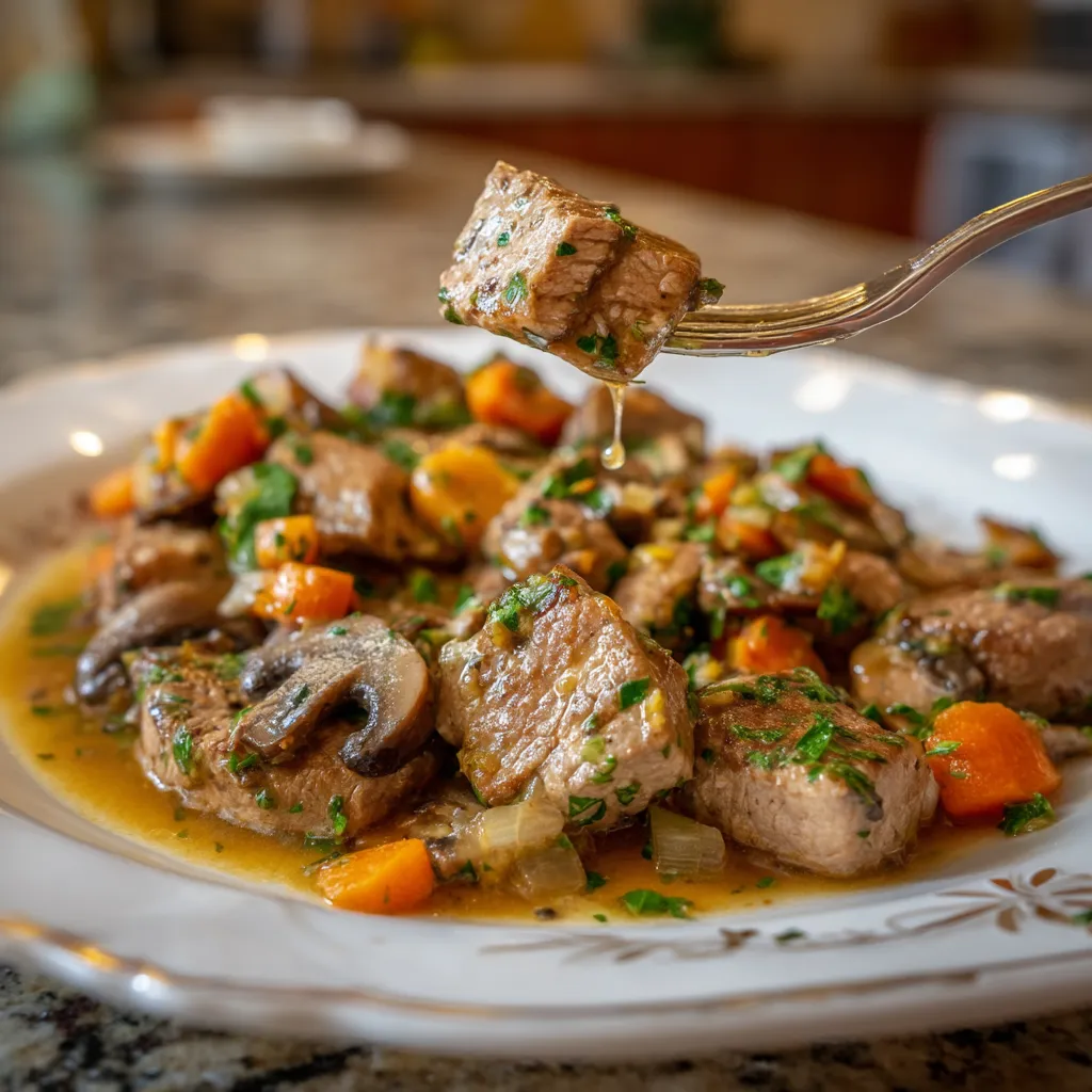Eine Platte mit Veal in einem weißen Sauce, die mit Springherbs garniert ist.