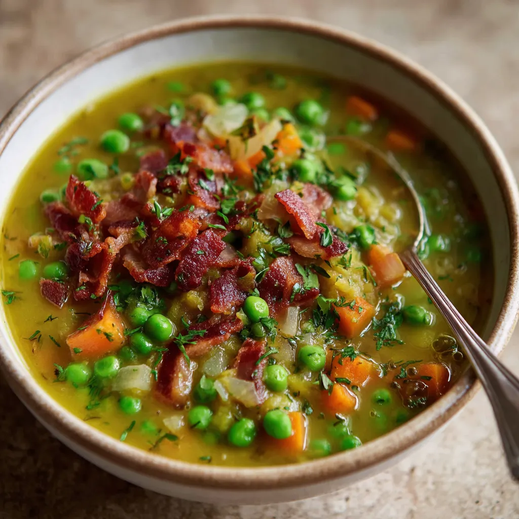 Ein großer, glatter, weißer Becher mit einer Rustic Pea Soup mit Bacon Bits.