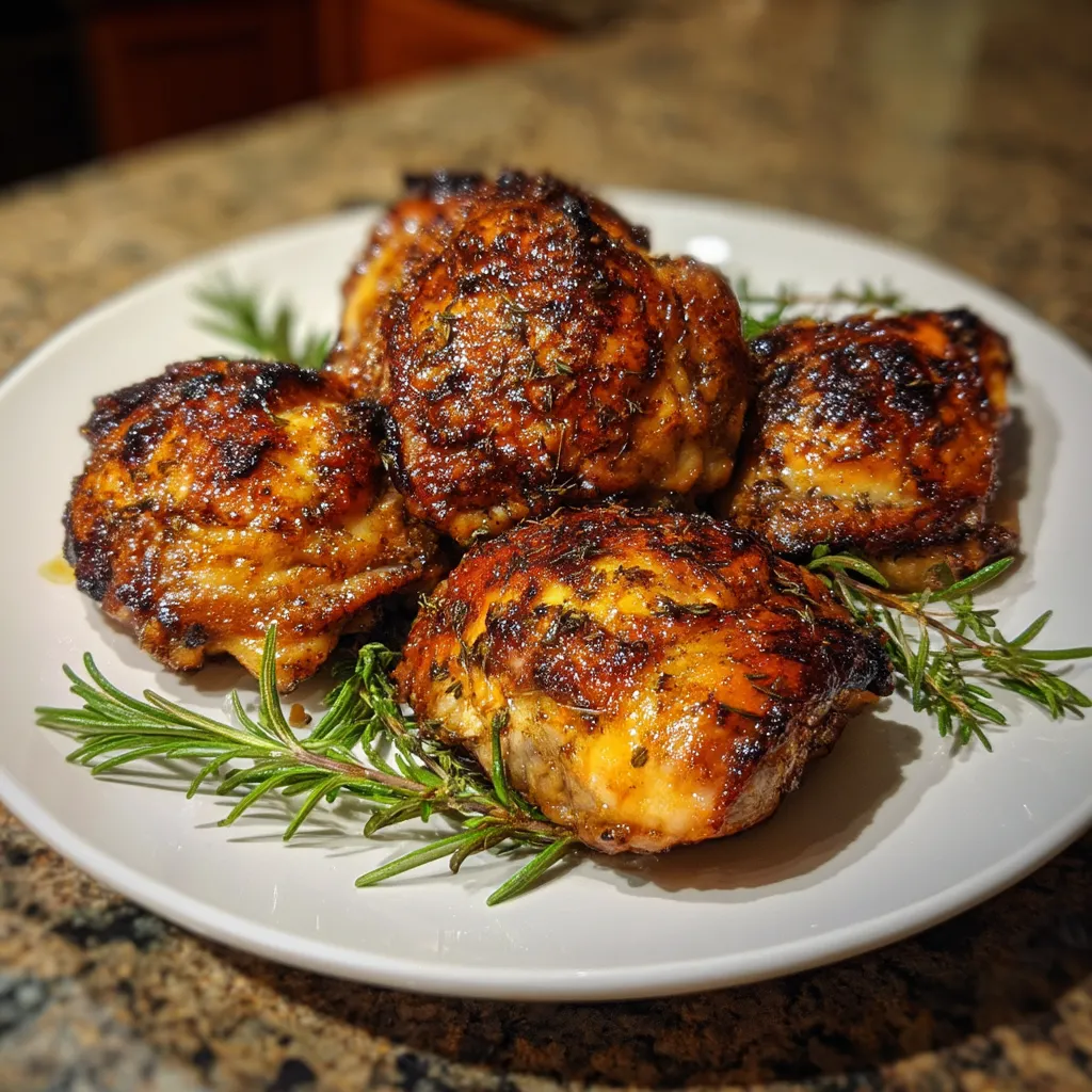 Ein weißer Teller mit sechs Stücken von Bavarian Beer-Marinierten Chicken darauf.
