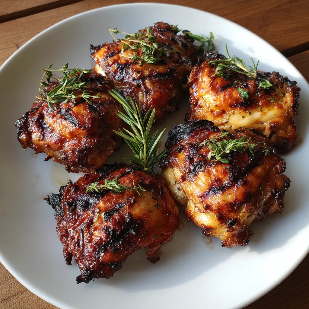 Ein weißer Teller mit sechs Stücken von Bavarian Beer-Marinierten Chicken darauf.