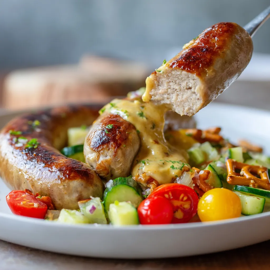 Ein weißer Teller mit einer Weisswurst, die mit einer saftigen Senfsoße und Pretzel-Salat garniert ist.