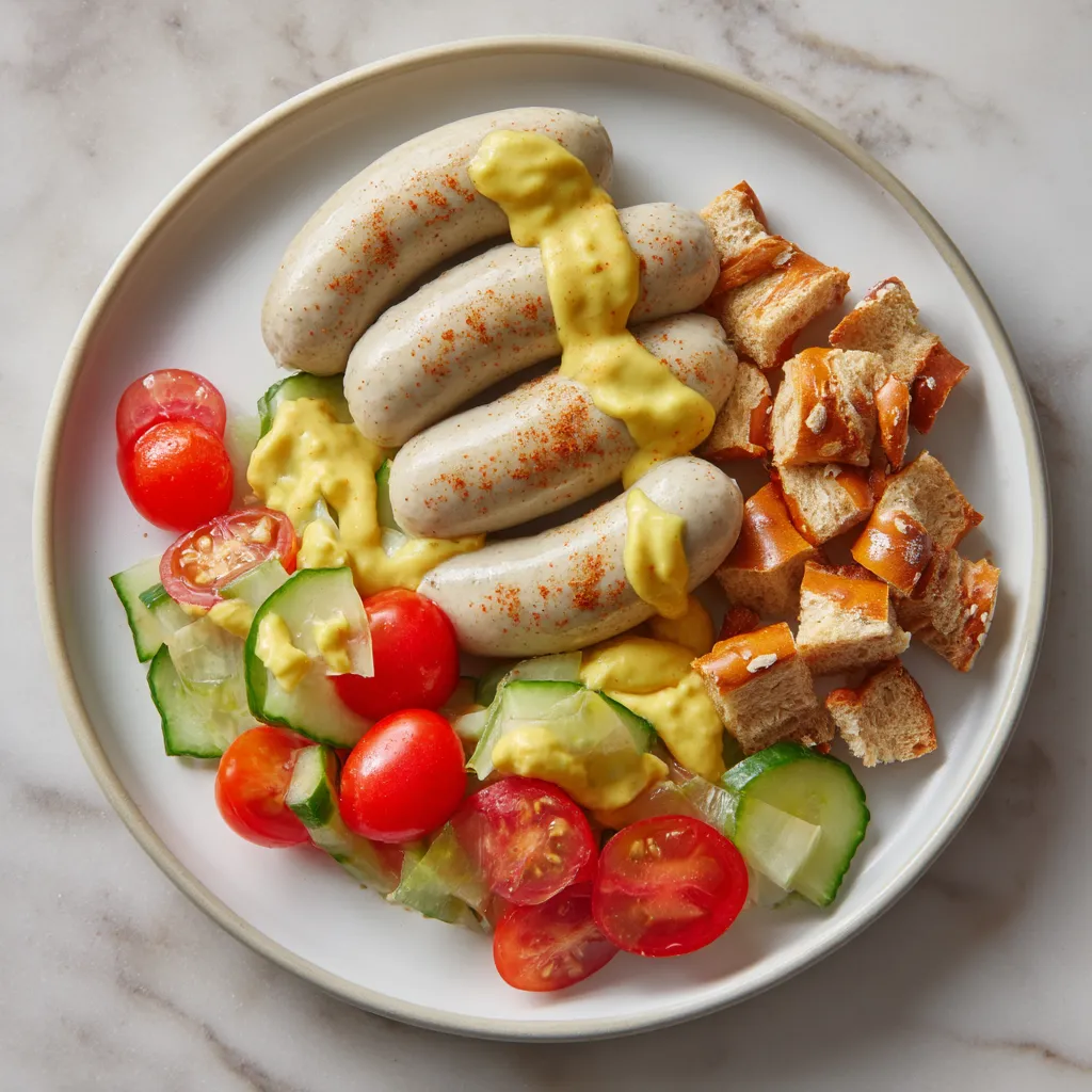 Ein weißer Teller mit einer Kombination aus Weisswurst, Pretzel Salat und Zwiebeln.