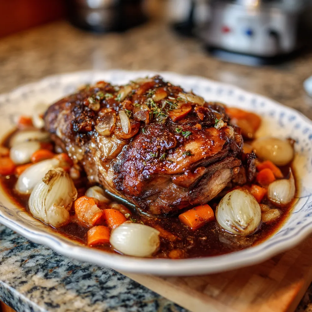 Ein Roast Pork Shoulder mit Dark Beer Jus auf einem Teller.