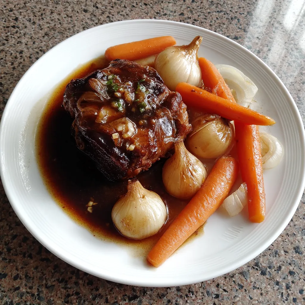 Ein Plate mit roast pork shoulder und dark beer jus.