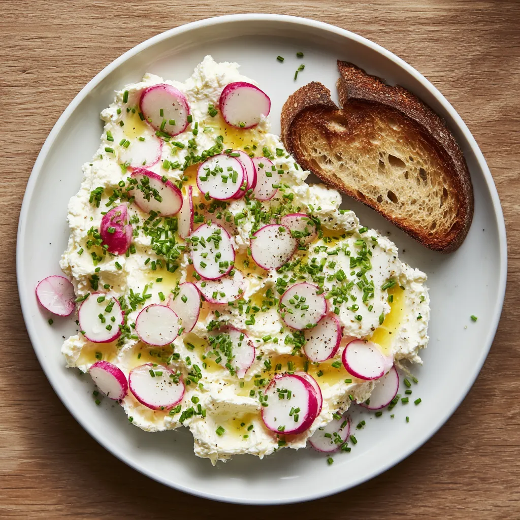 Ein weißer Plate mit einer cremigen Käse-Spread, die mit Radieschen und Zwiebeln garniert ist.