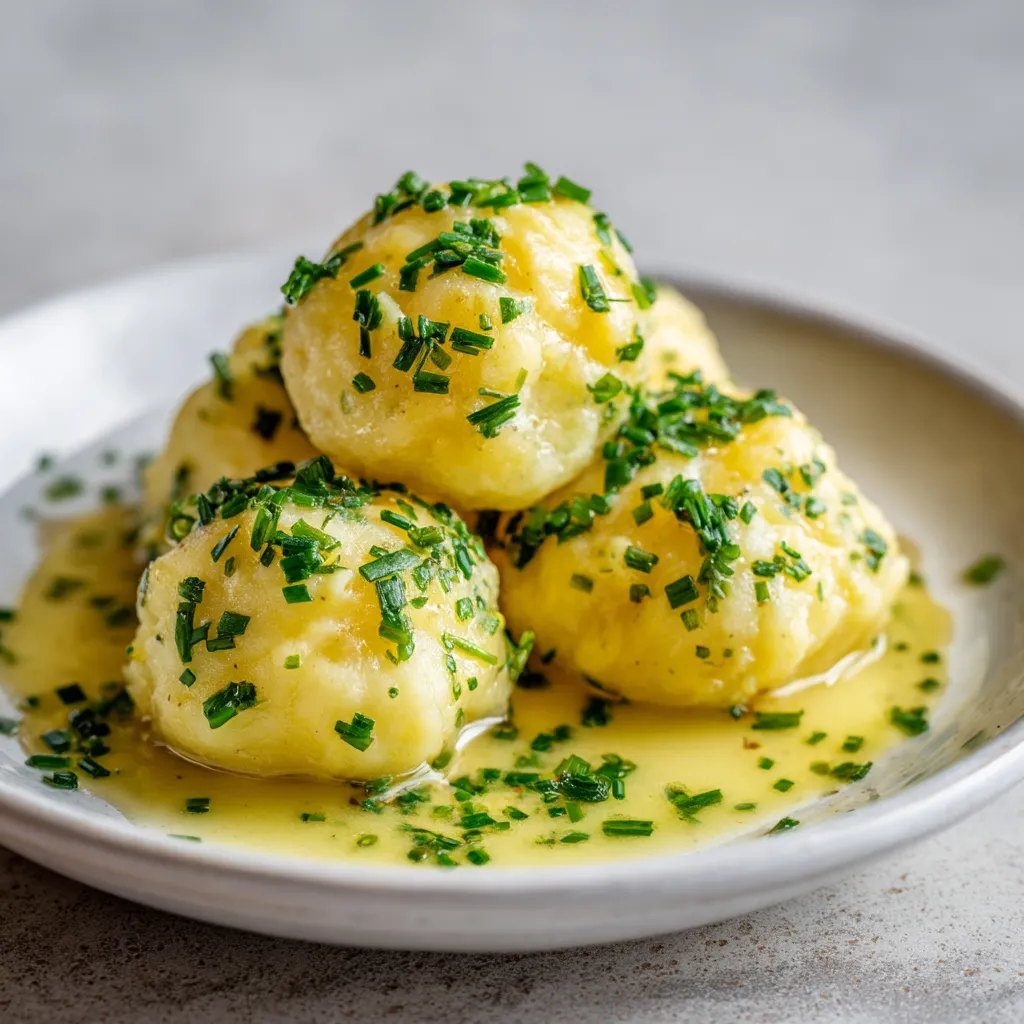 Ein weißer Teller mit drei bayerischen Kartoffelkugeln, die mit Chive-Butter bedeckt sind.