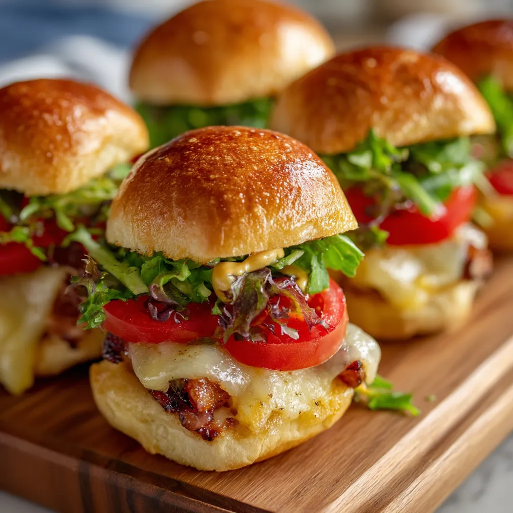 Eine Platte mit sechs Grilled Leberkäse Sliders auf einem Brett.