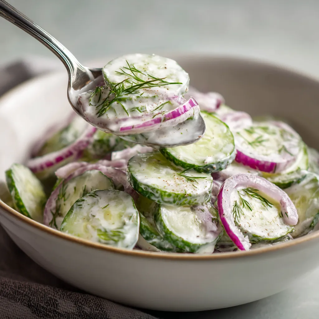 Ein weißer Teller mit einer Salat aus Zucchini, Dill und Mayonnaise.