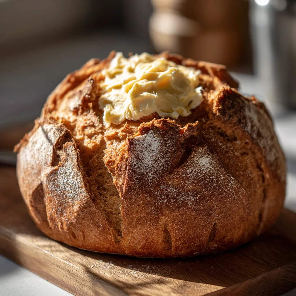 Ein Rustic Bavarian Bread mit Radish Butter auf einem Holzblock.