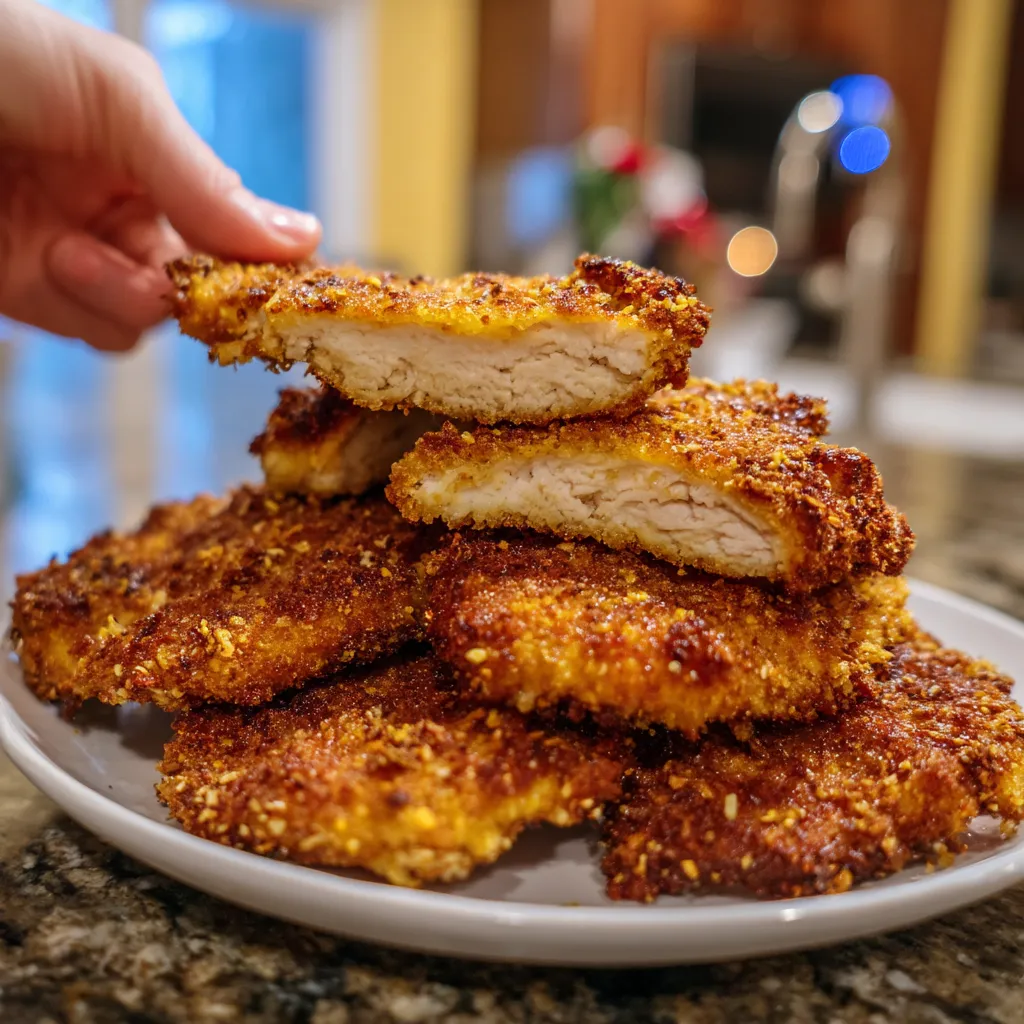 Eine Person hält eine Platte mit Pretzel-Crusted Chicken Cutlets.
