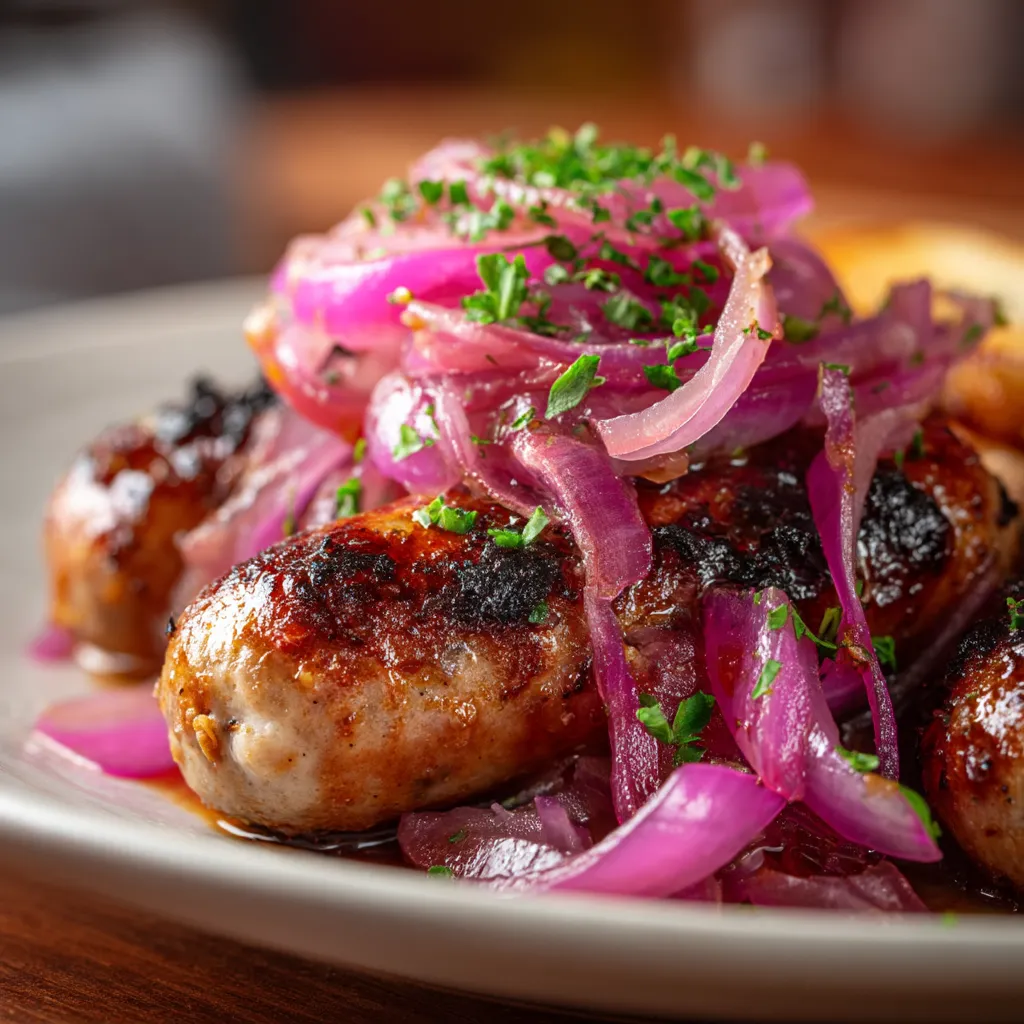 Eine Platte mit Sausage, die mit Warmem Bier und Pickled Onions garniert ist.
