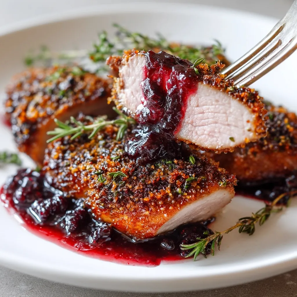 Ein Duckbrust mit einer Kruste aus Kräutern und einer Reduzierung aus Beeren.