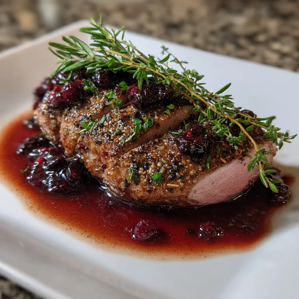 Ein Duckbrust mit einer Kruste aus Kräutern und einer Reduktion aus Beeren.