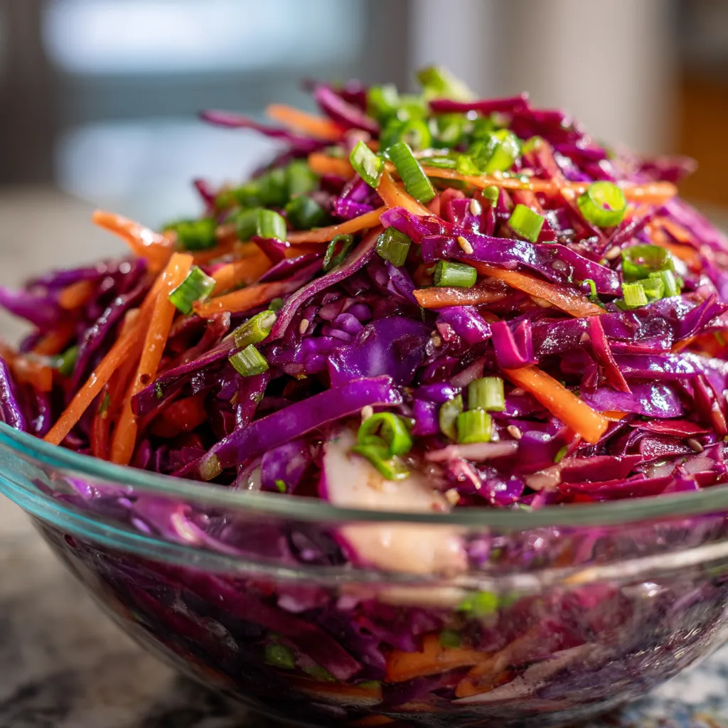 Ein Glas mit einer salzigen Beilage, die aus roten Kohlrabis, Karotten und Apfelvinaigrette besteht.