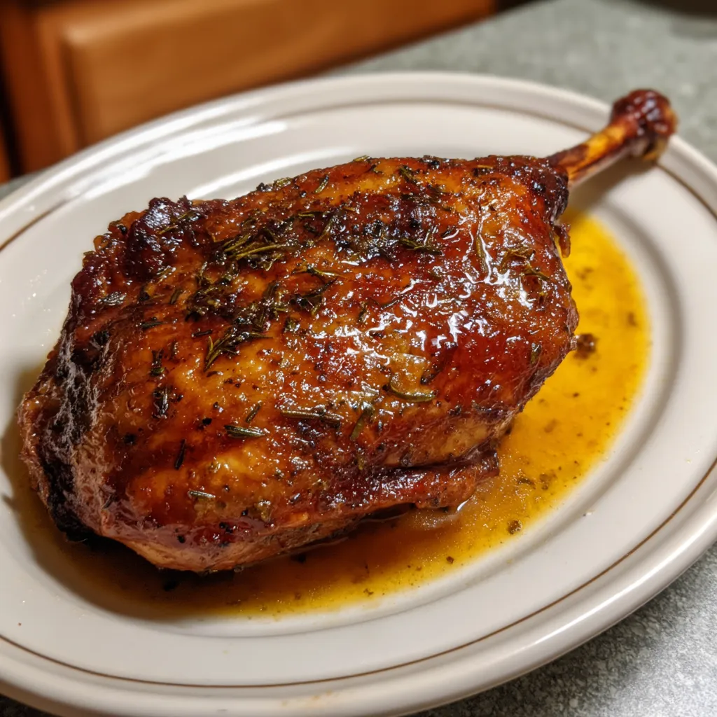 Ein Spiced Roast Goose Legs mit einer Orange Glaze auf einem Teller.