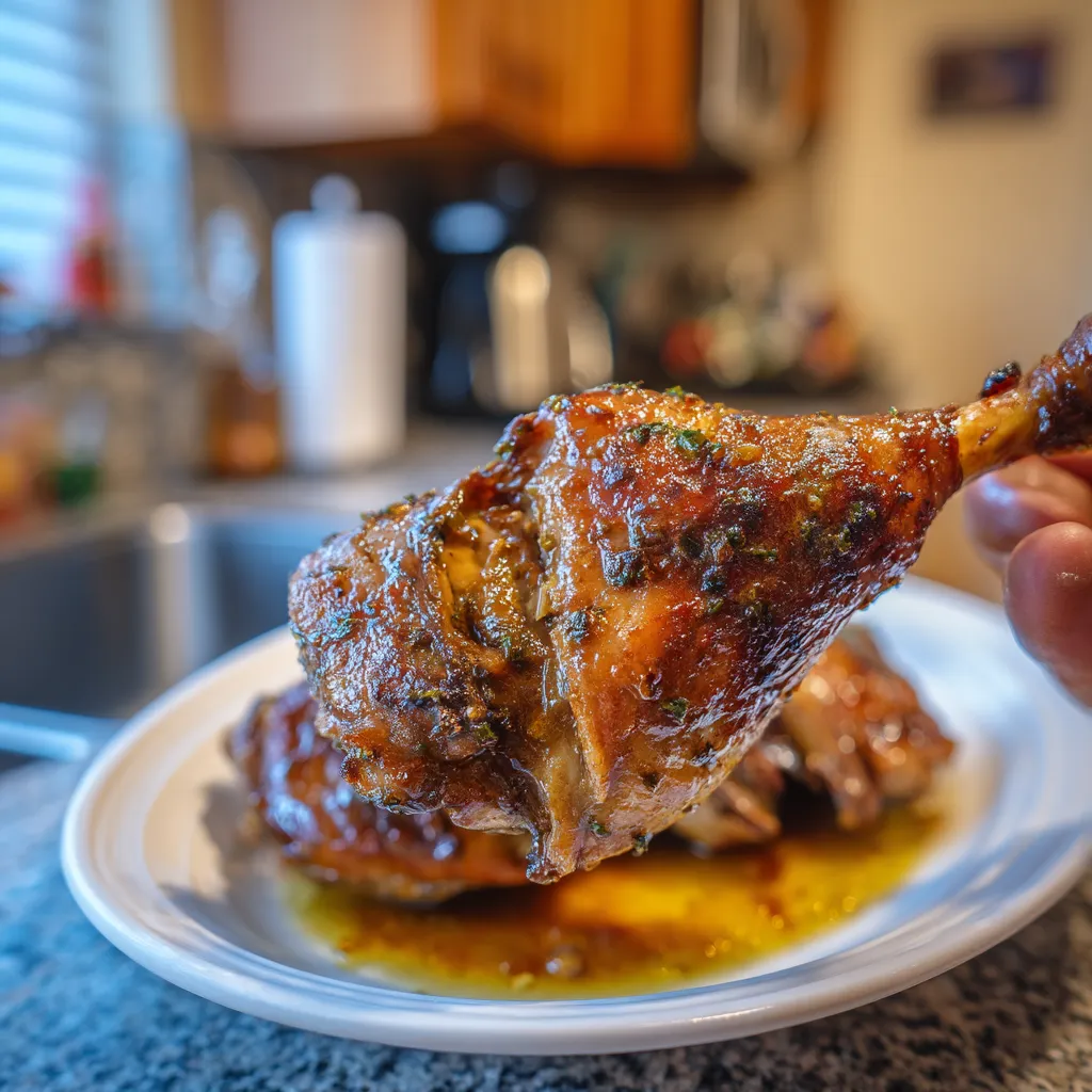Ein weißer Teller mit Spiced Roast Goose Legs mit Orange Glaze.