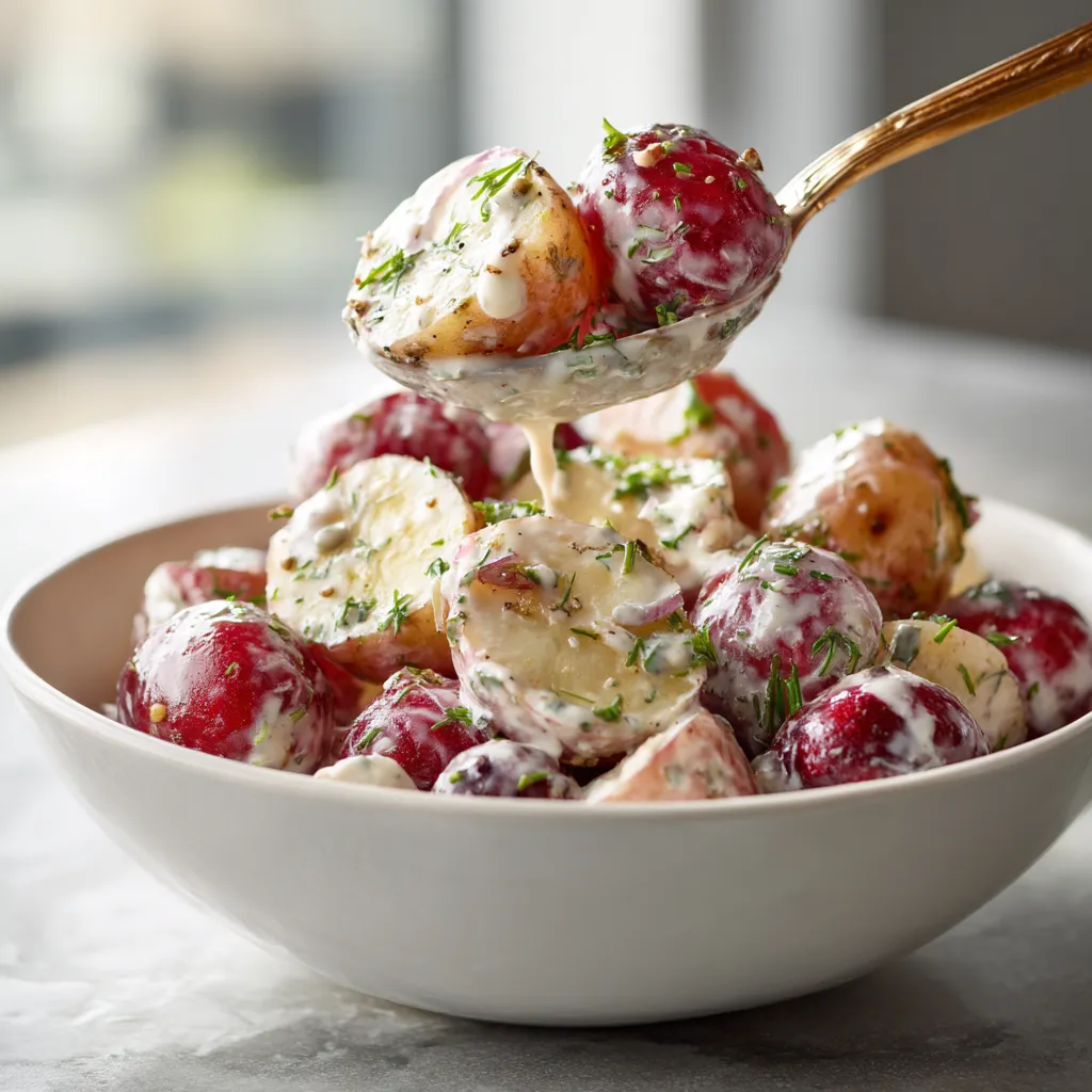 Ein weißer Teller mit einer Cranberry-Potato Salat, die mit einer cremigen Sauce aus Horseradish garniert wird.