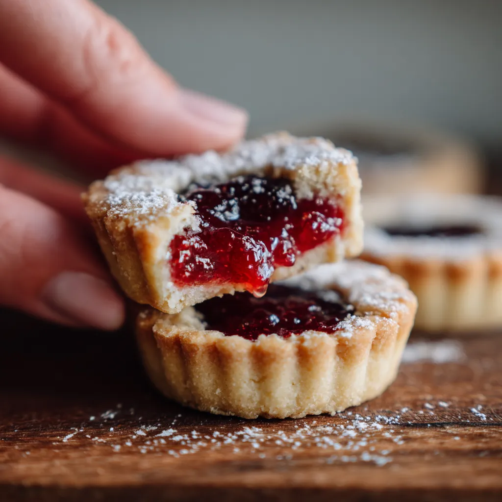 Ein Handgelenk hält einen kleinen, mit Raspberry Jam gefüllten Tartlet.