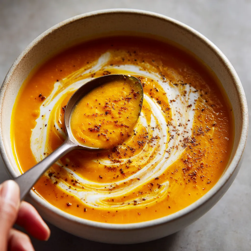 Ein weißer Teller mit einem schönen Ginger-Spiced Carrot Soup mit Fresh Cream.