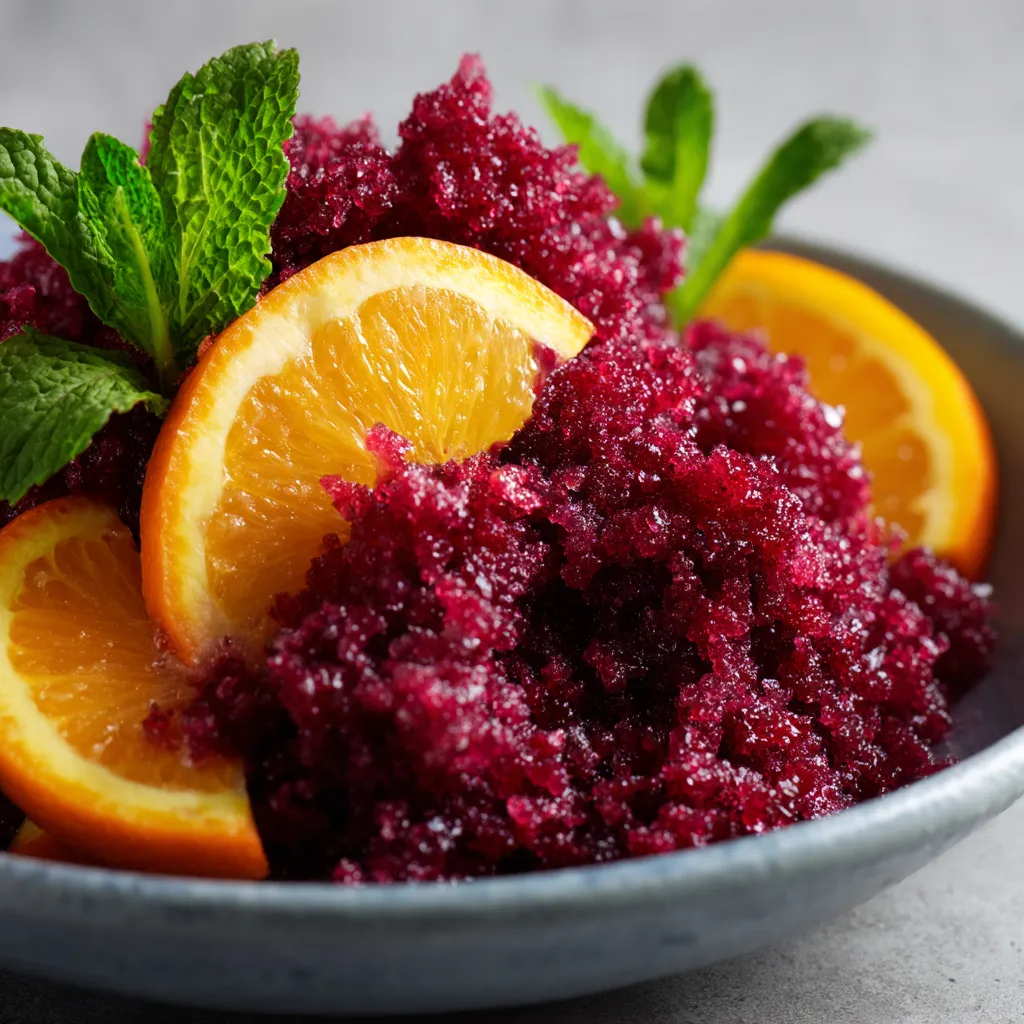 Ein Glas mit frisch zerkrümeltem Obst, darunter Orangensaft, Mint und eine rote Zuckersubstanz, die als Light Mulled Wine Granita bezeichnet wird.