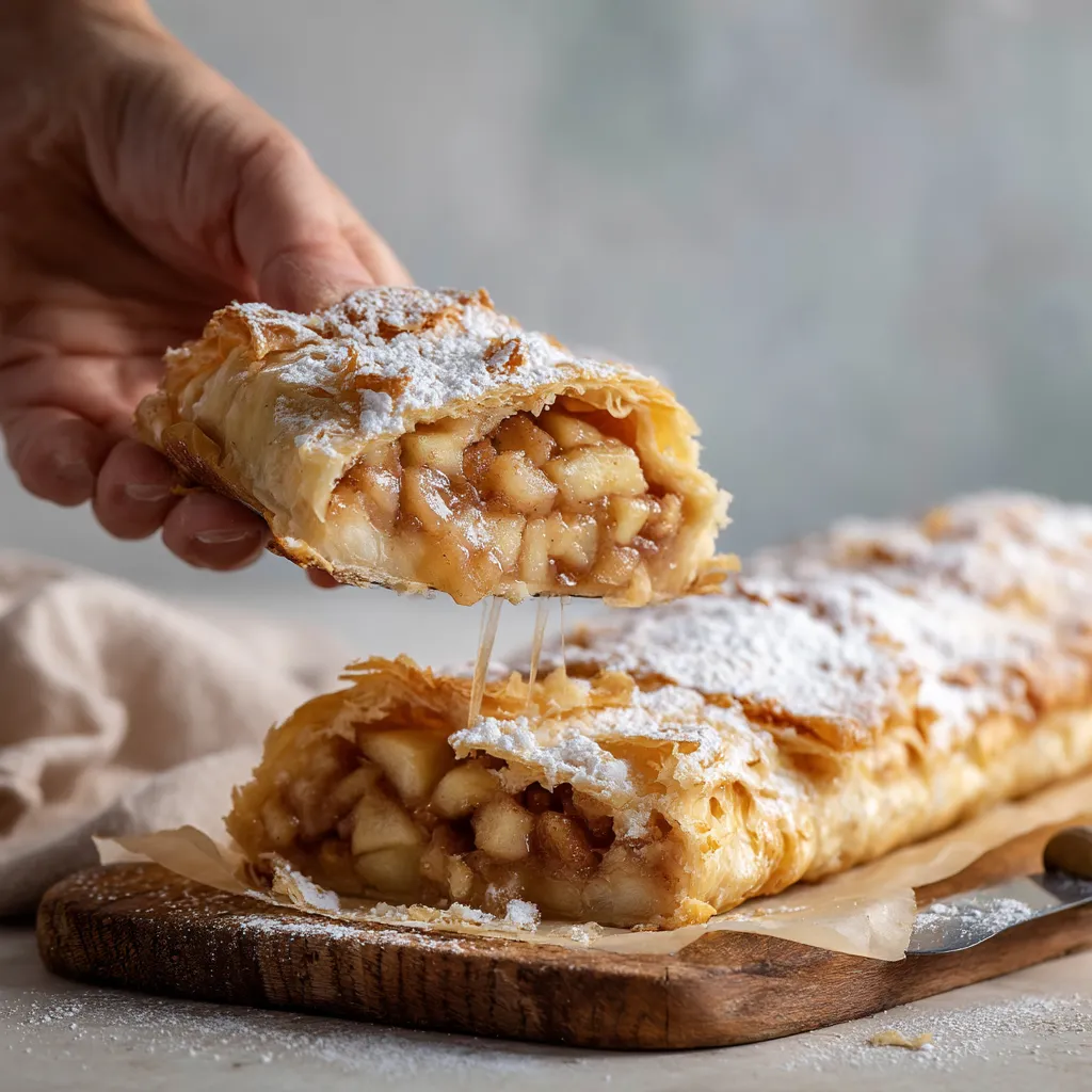 Ein Handriss mit einer Apple Strudel, die mit Zitronenschalen zubereitet wurde.