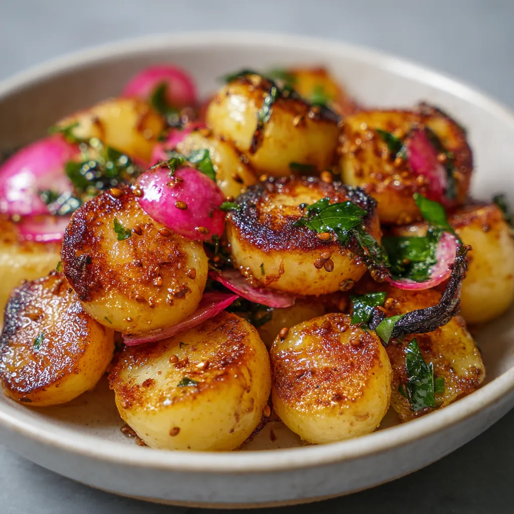 Ein weißer Teller mit roten Radishes, die mit Caraway-Samen garniert sind.